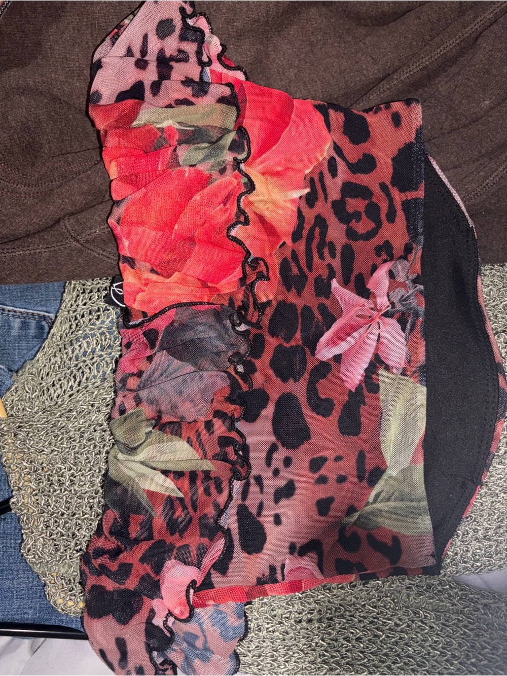 Windsor Floral Leopard Ruffle Strapless Top - Red/Pink
